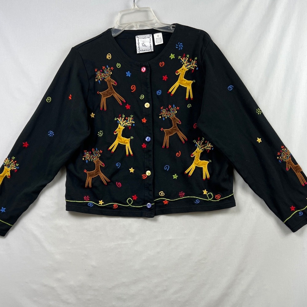 Michael Simon Cardigan Womens XL Black Reindeer Christmas Embroidered Cotton